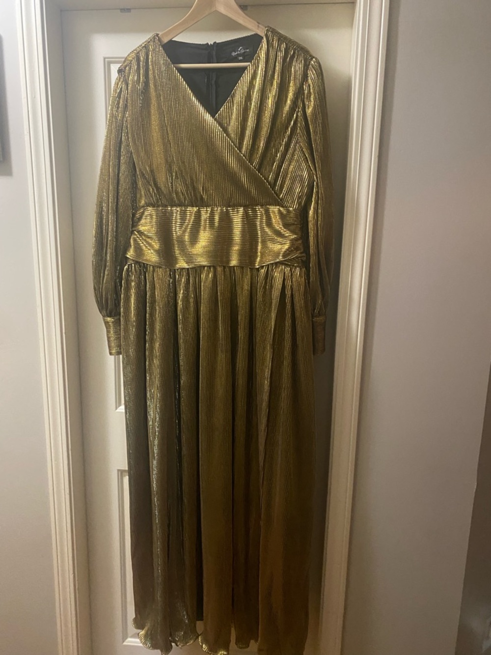 Metallic Gold Long-Sleeve Glamorous Wrap Maxi Dress